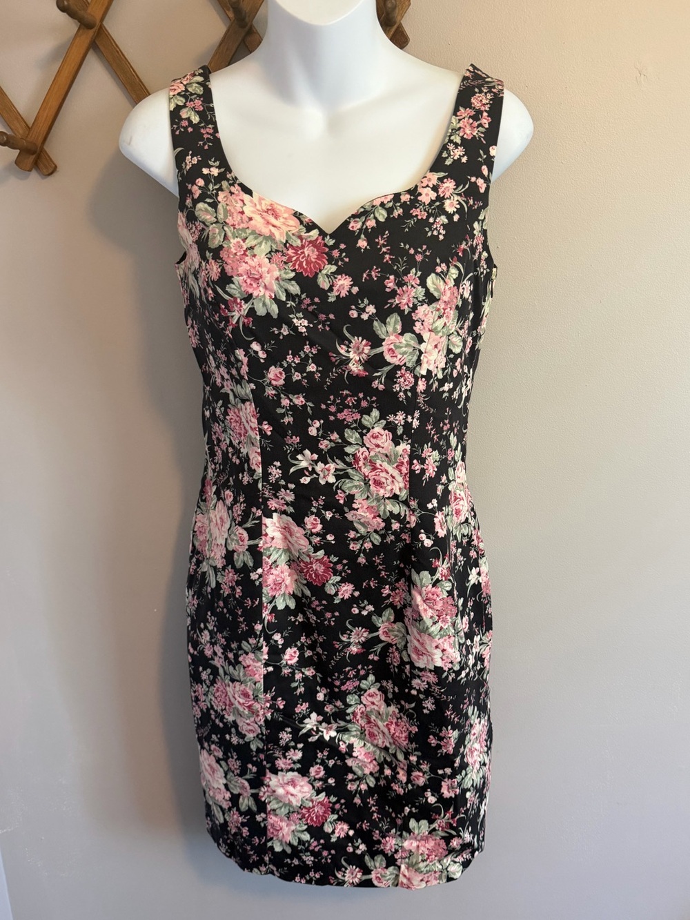 Vintage Laura Ashley Floral Cotton Dress Black Pink Made in Great Britain Size 8